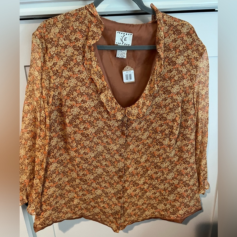 Vintage Ice Fall Floral Orange Yellow Brown Blouse